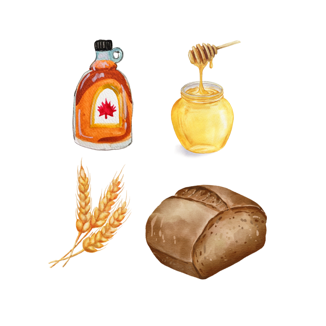 Illustrations of maple syrup, honey, wheat, and a loaf of bread on a white background