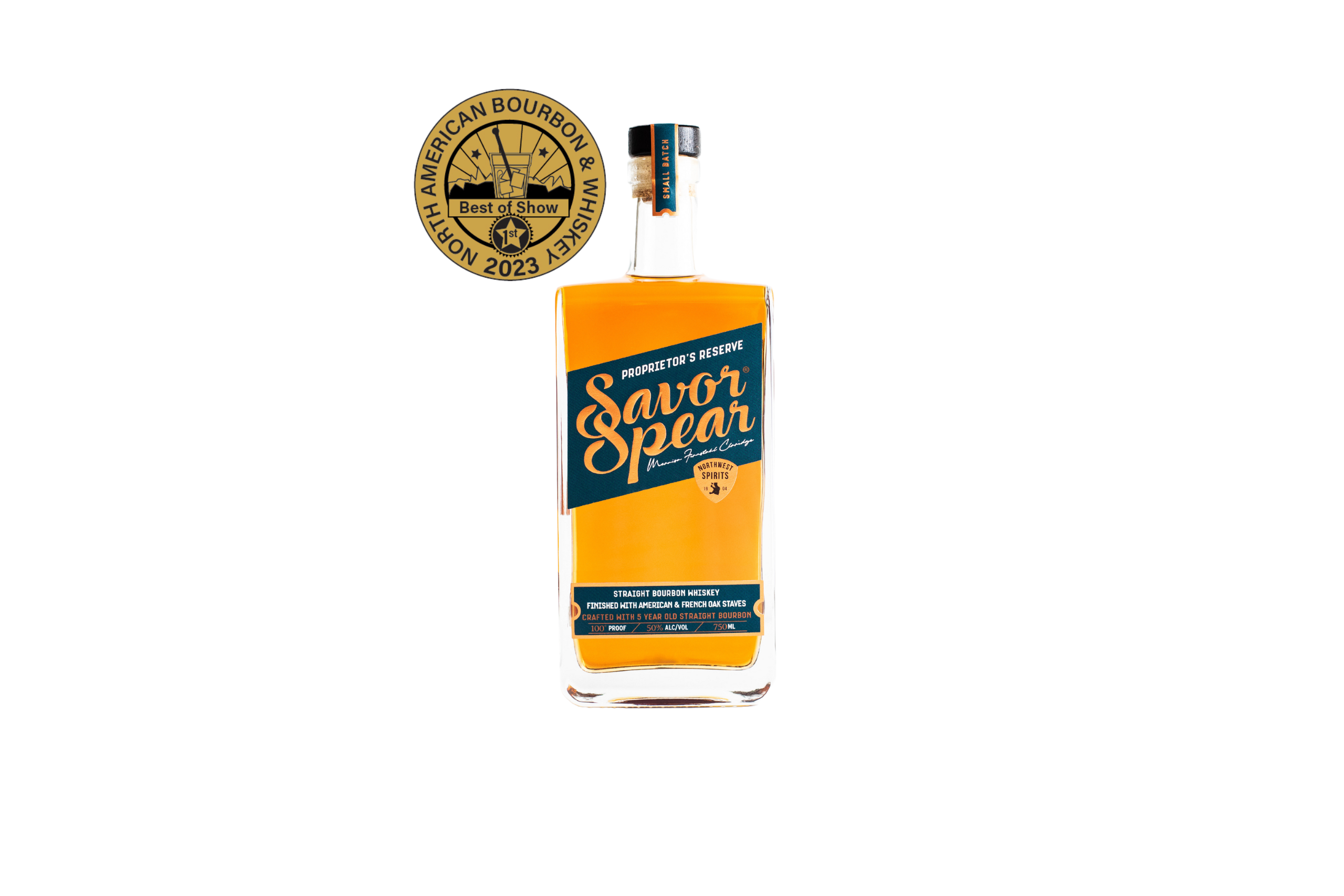 Bottle of Savor & Spear whiskey with a Best of Show award gold label on a white background