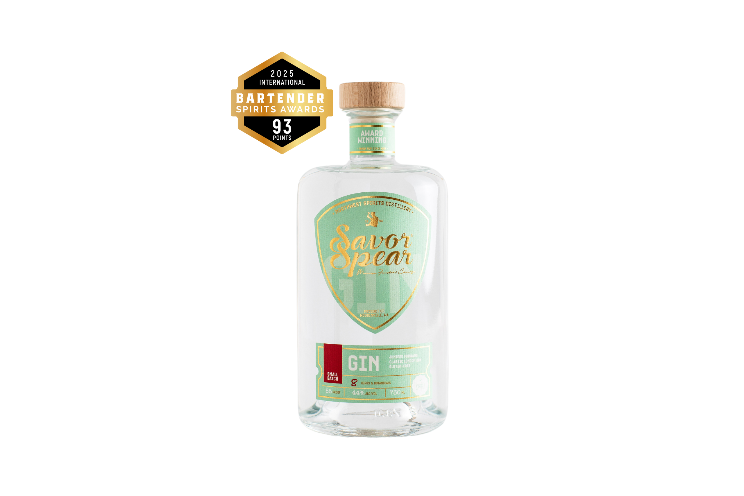 Bottle of Savor Spear gin with a gold label on a white background