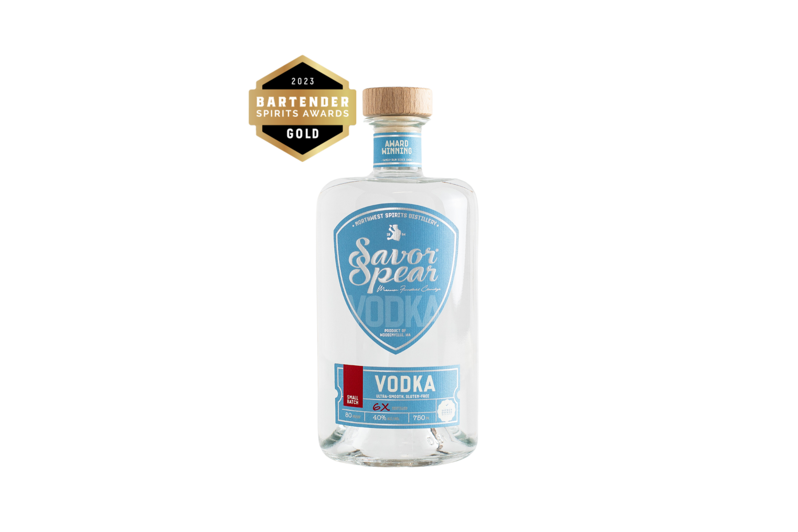 Bottle of Savor Spear Vodka with a gold award badge on a white background