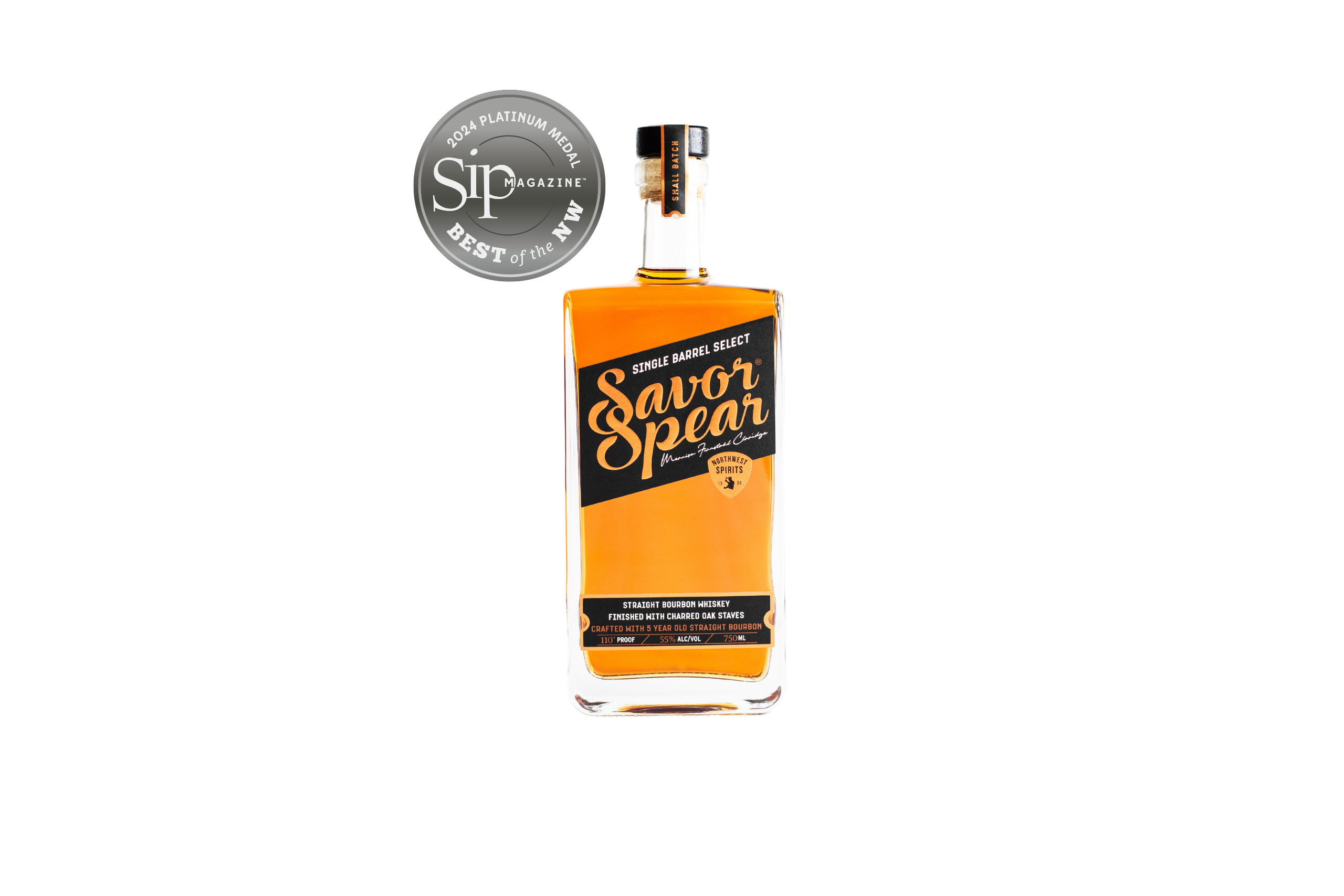 Bottle of Savor Spear whiskey with a white background and a platinum award from Sip Magazine
